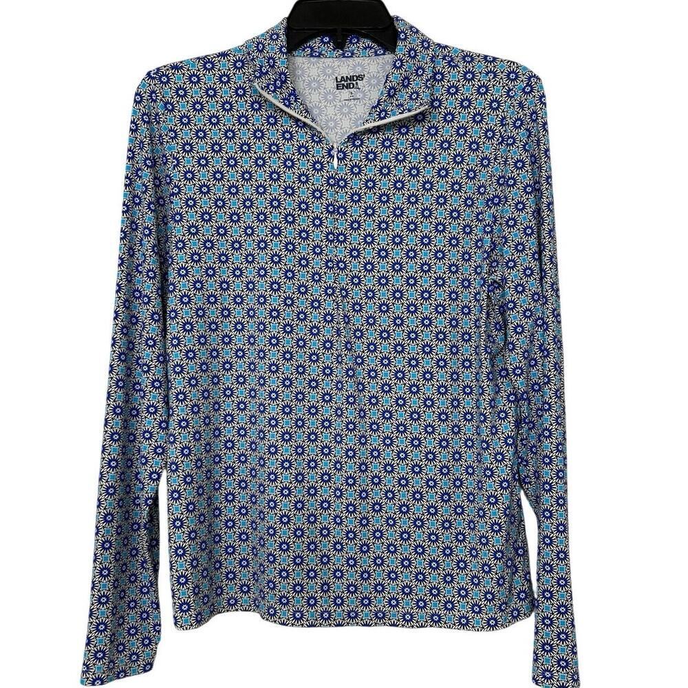 Land’s End Blue Geometric Print 1/4 Zip  Swim Shirt Rashguard UPF 50 Small